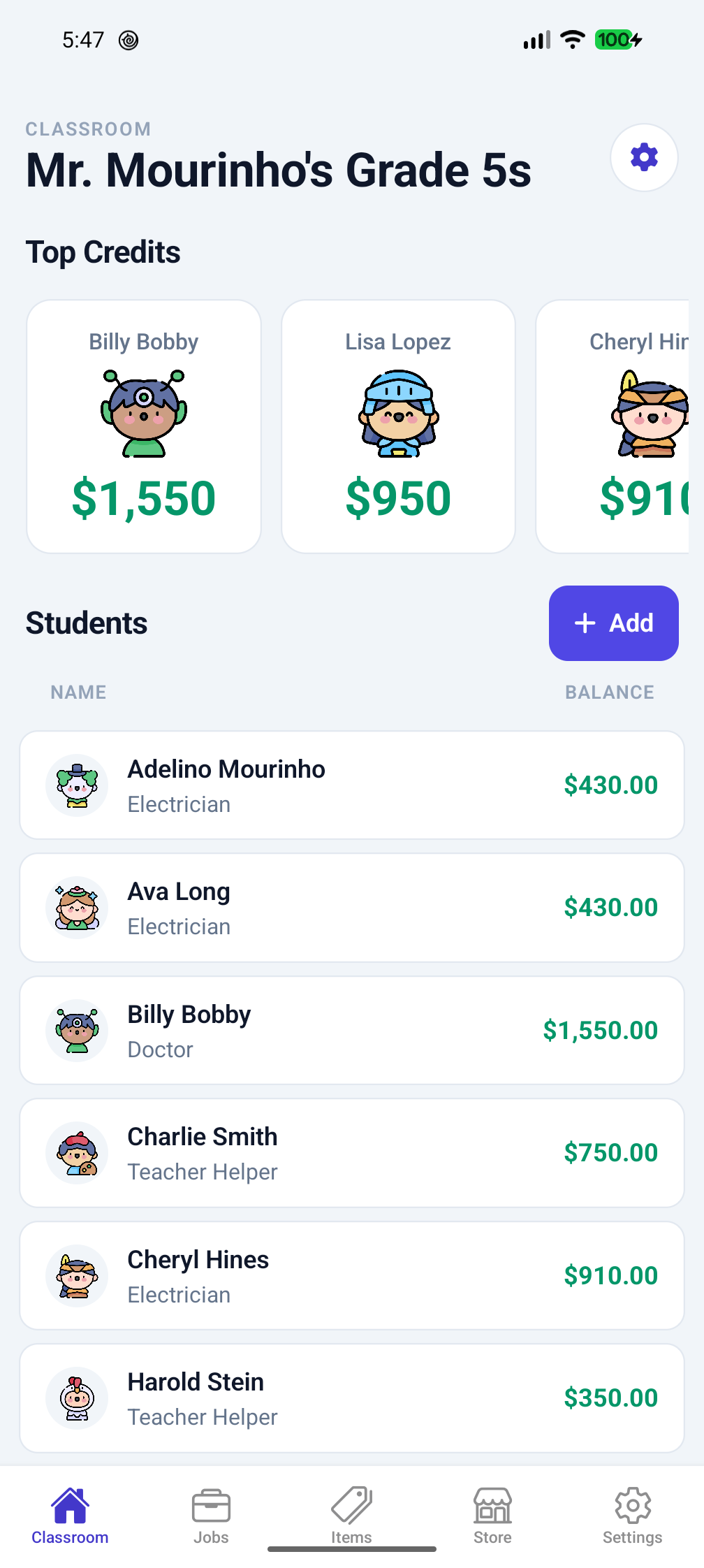 Student Credits classroom overview on Android