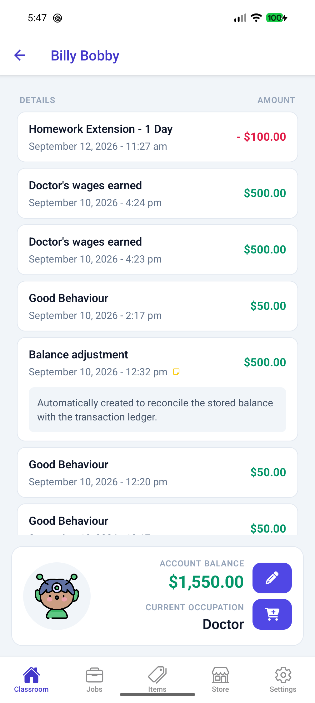 Student Credits Per-student ledger