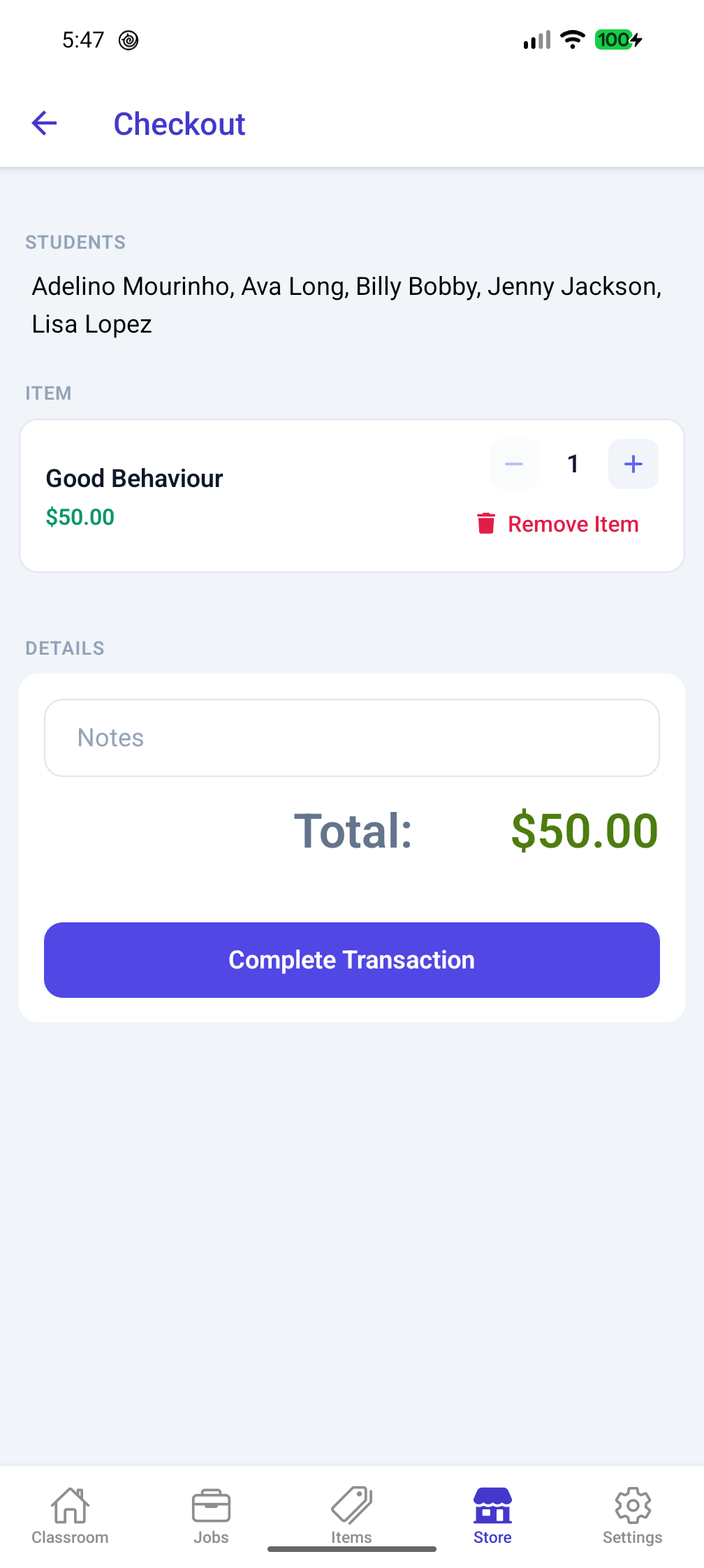 Student Credits Store checkout