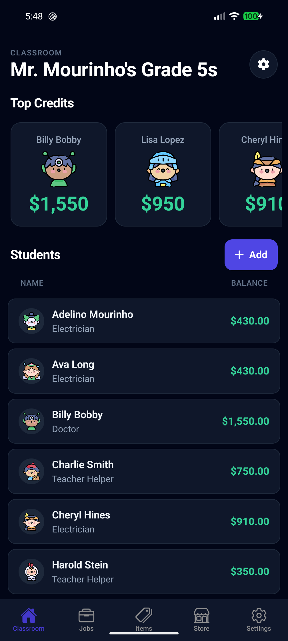 Student Credits Dark mode classroom