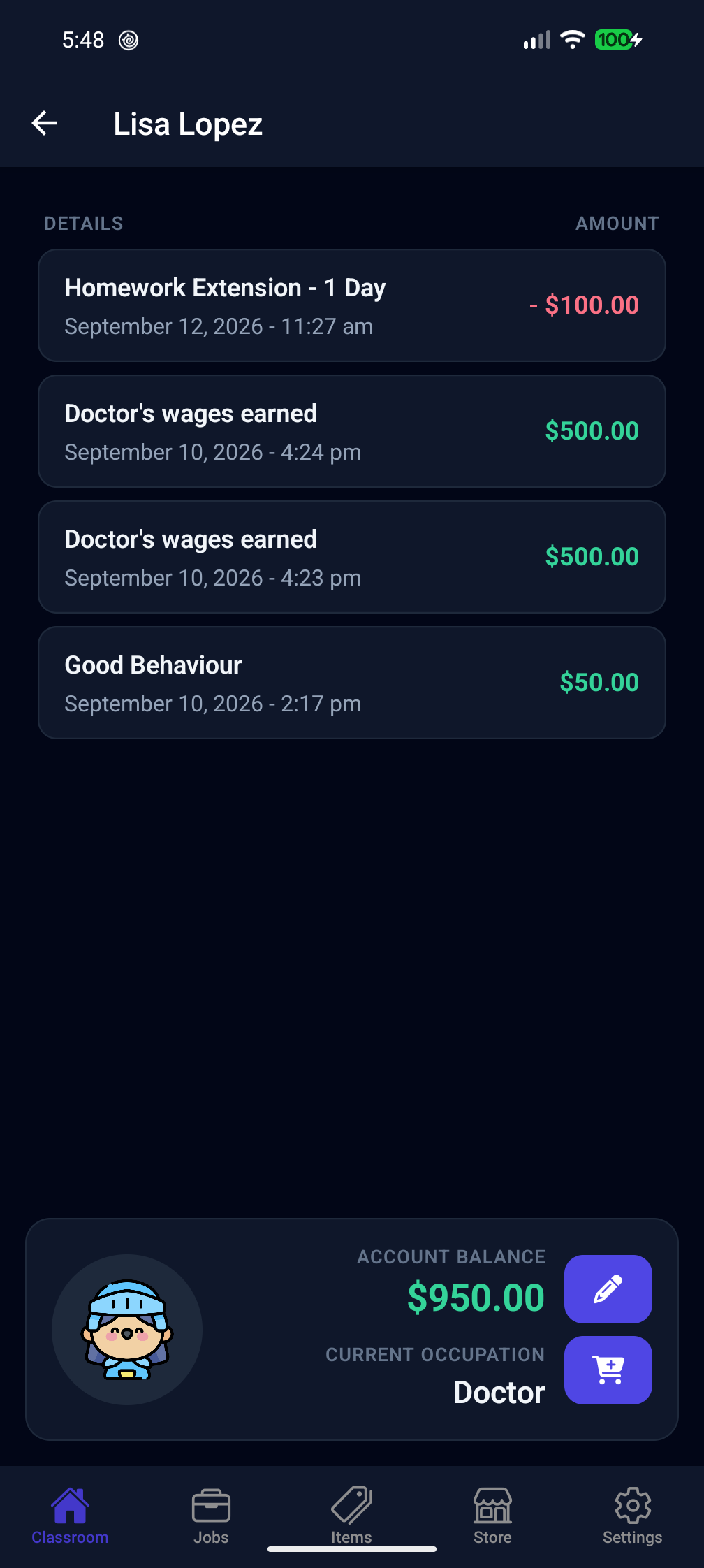 Student Credits Dark mode ledger