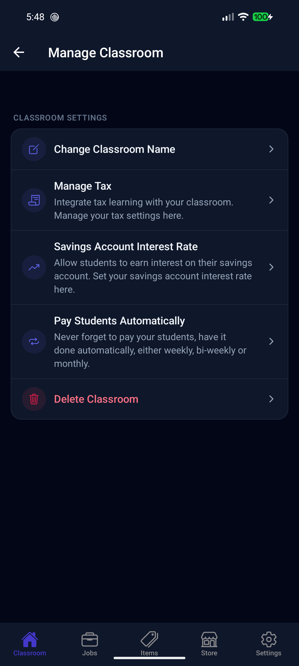 Student Credits Classroom settings